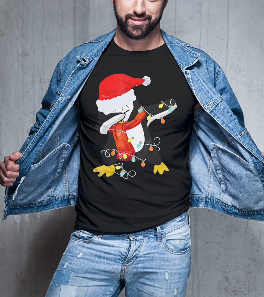Dabbing Penguin Santa Christmas Lights T-Shirt