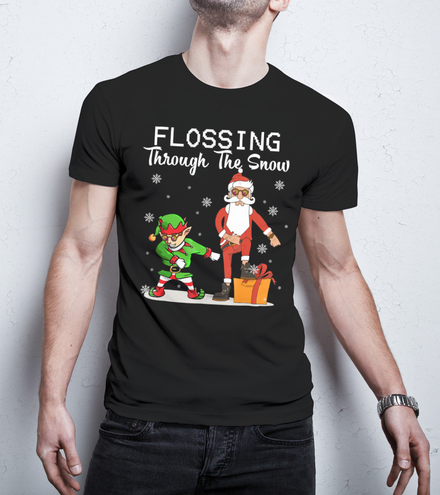 Flossing Through The Snow Santa And Elf Dancing With Gifts And Snowflakes T-Shirt