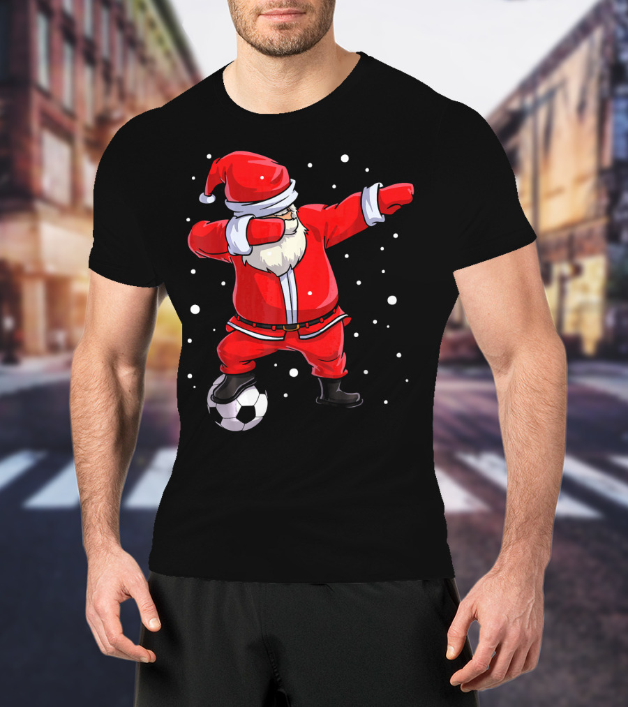 Santa Claus Dabbing On Soccer Ball Snowflakes Holiday T-Shirt