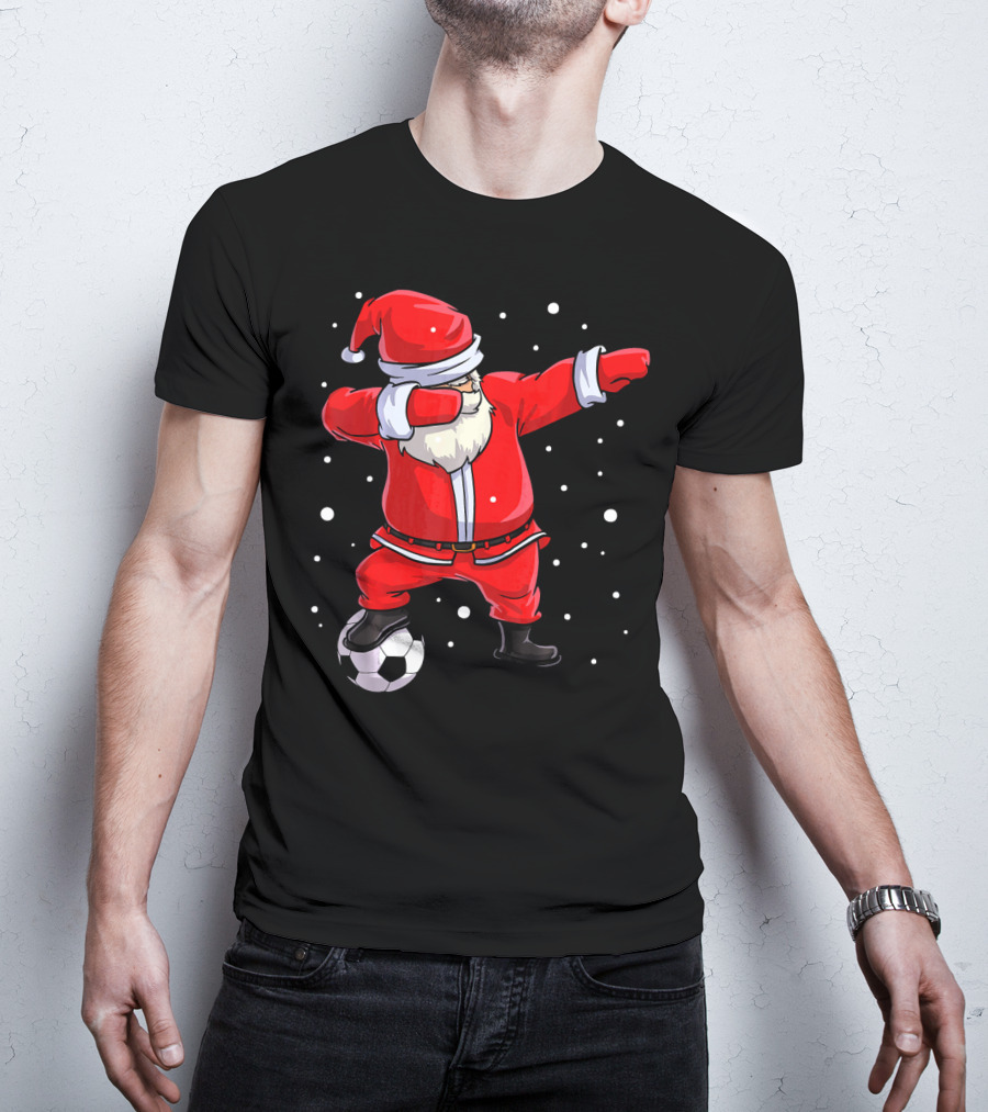 Santa Claus Dabbing On Soccer Ball Snowflakes Holiday T-Shirt