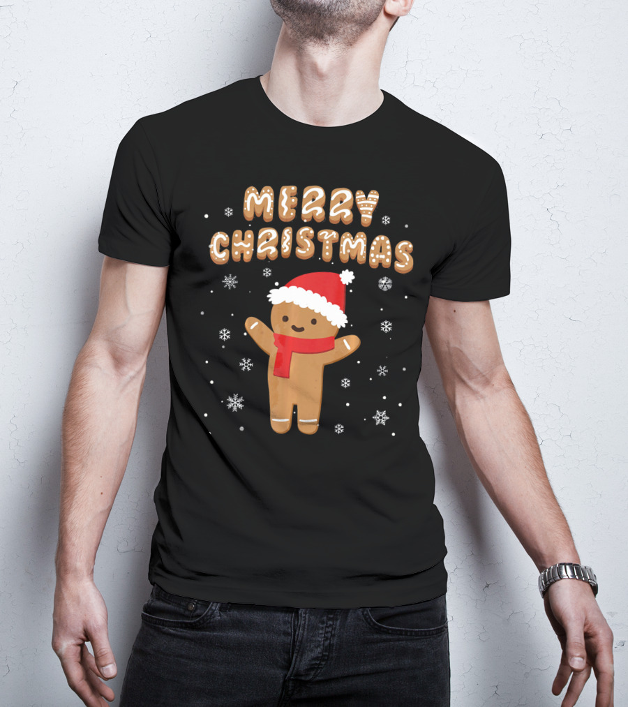 Merry Christmas Gingerbread Santa Hat Snowflakes T-Shirt
