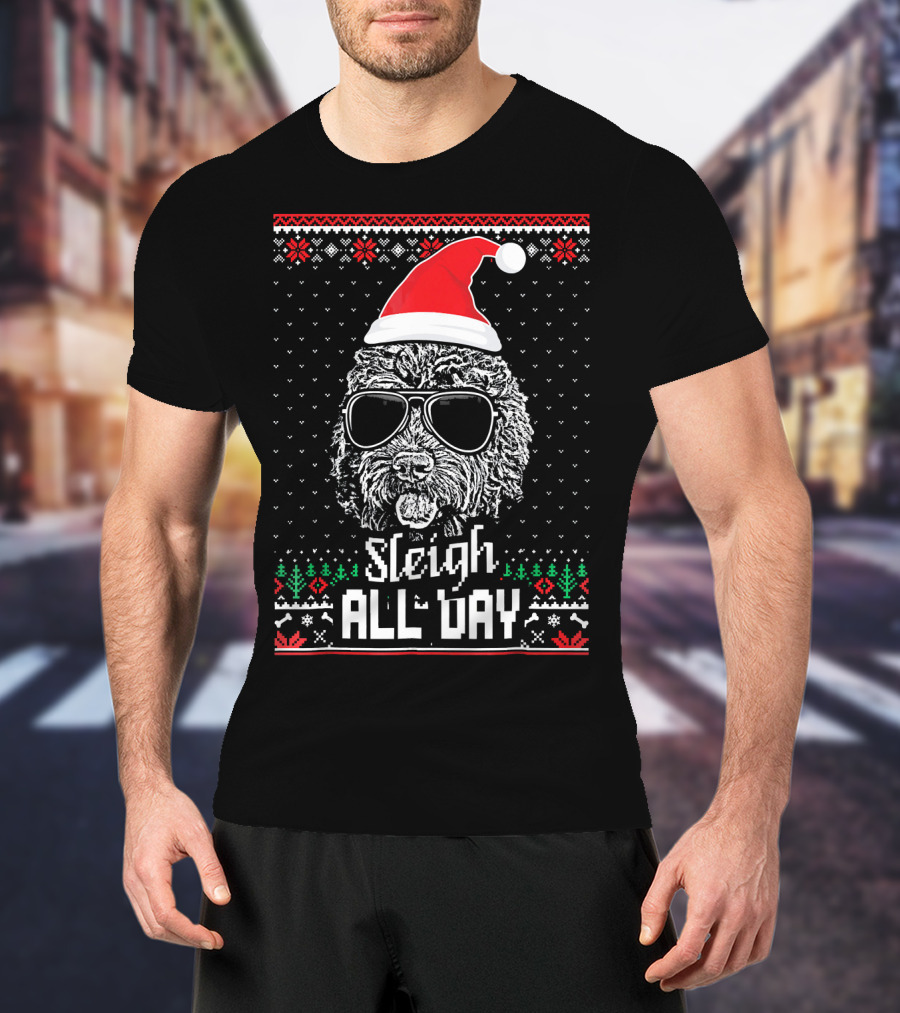 Sleigh All Day Christmas Labradoodle With Santa Hat And Sunglasses T-Shirt