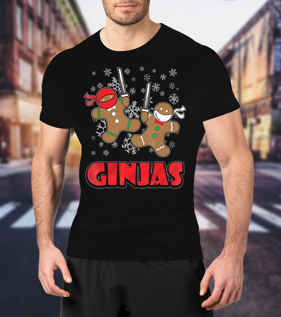 Gingerbread Man Ninjas Christmas In July Snowflakes T-Shirt