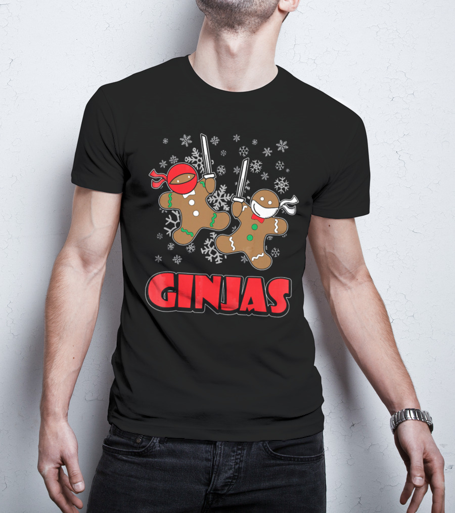 Gingerbread Man Ninjas Christmas In July Snowflakes T-Shirt