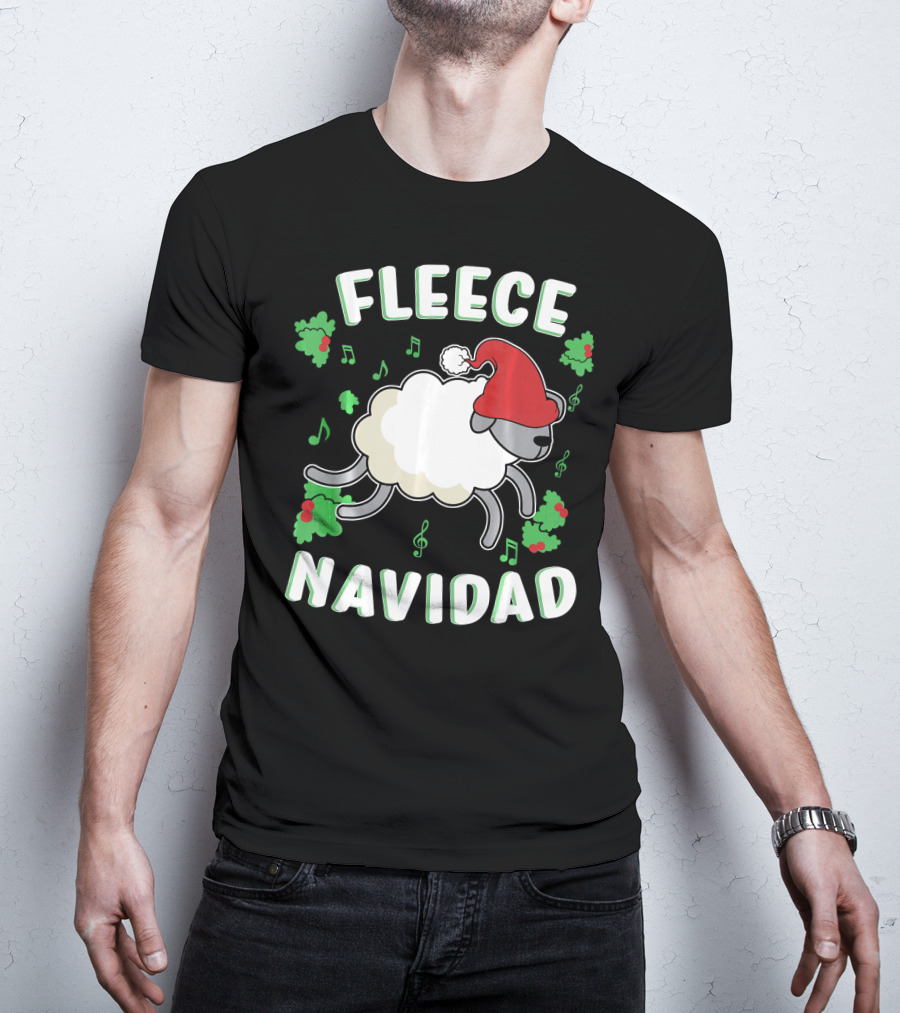 Fleece Navidad Lamb Christmas Xmas Santa Hat Music Notes Hollys T-Shirt