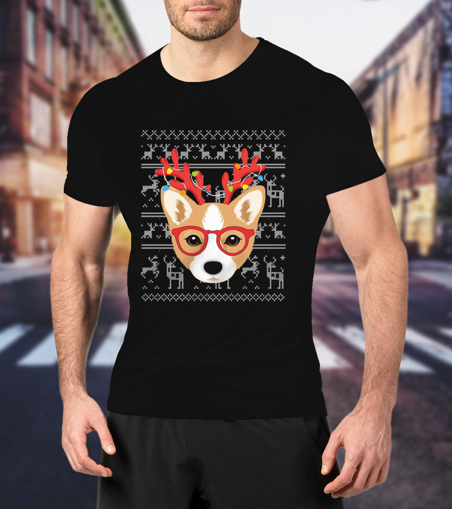 Corgi Puppy Dog With Xmas Antlers And Glasses Holiday T-Shirt
