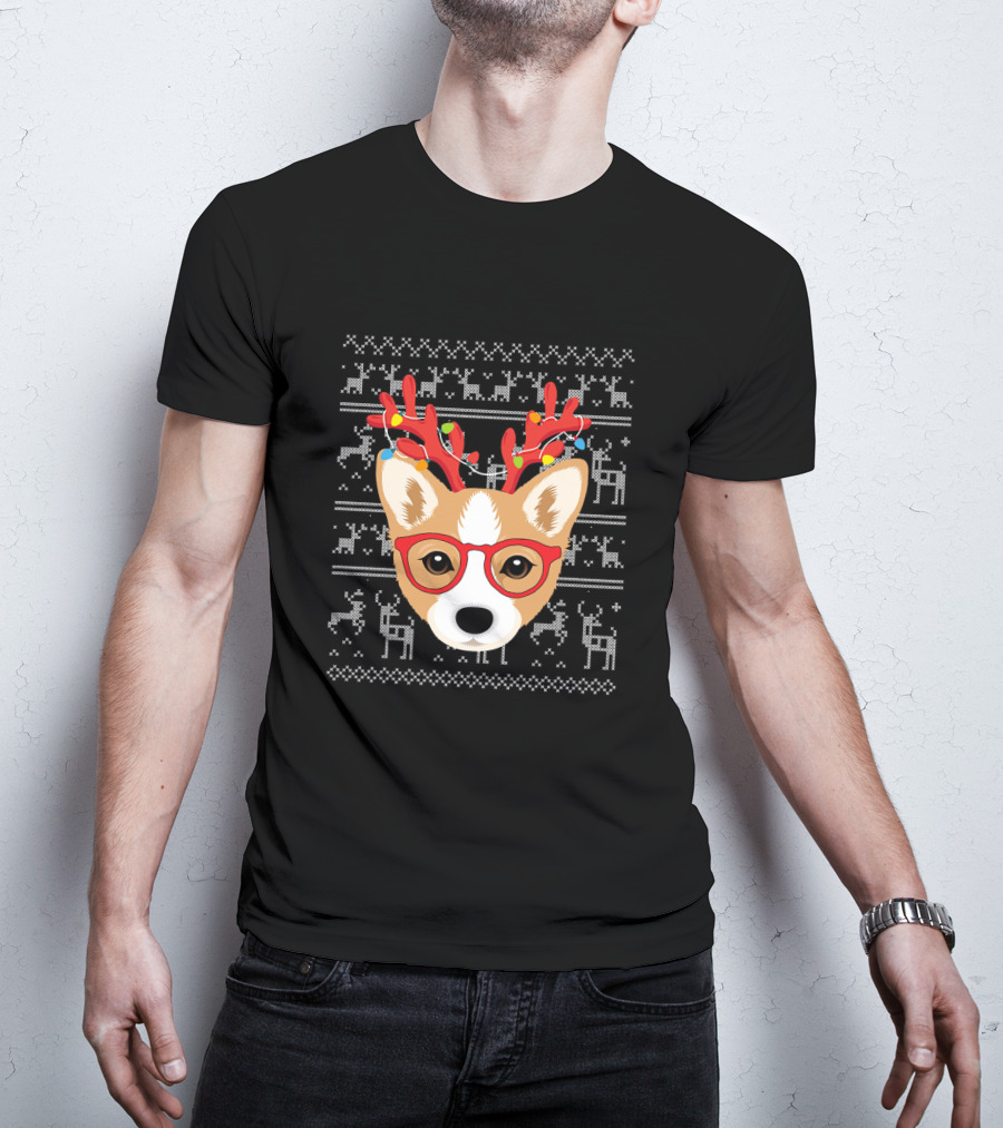 Corgi Puppy Dog With Xmas Antlers And Glasses Holiday T-Shirt