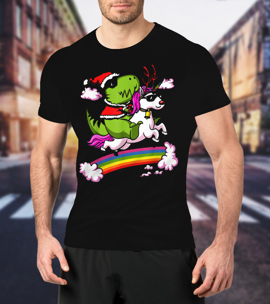 T Rex Dinosaur Santa Riding Unicorn Rainbow Cloud Adventure T-Shirt