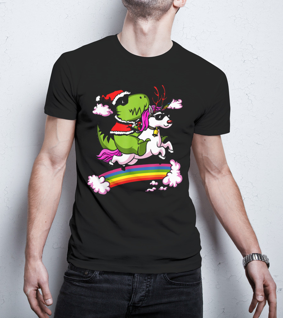T Rex Dinosaur Santa Riding Unicorn Rainbow Cloud Adventure T-Shirt