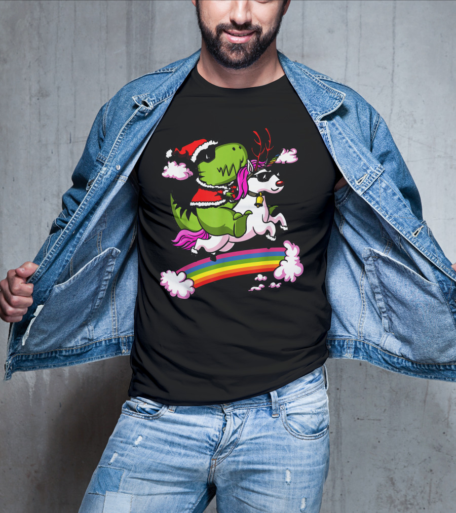 T Rex Dinosaur Santa Riding Unicorn Rainbow Cloud Adventure T-Shirt