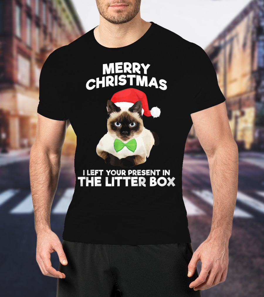 Merry Christmas I Left Your Present In The Litter Box Cat Santa Hat Bow Tie T-Shirt