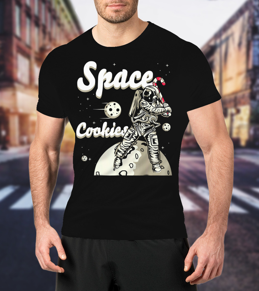 Space Cookies Xmas Weed Astronaut With Candy Cane On Moon T-Shirt