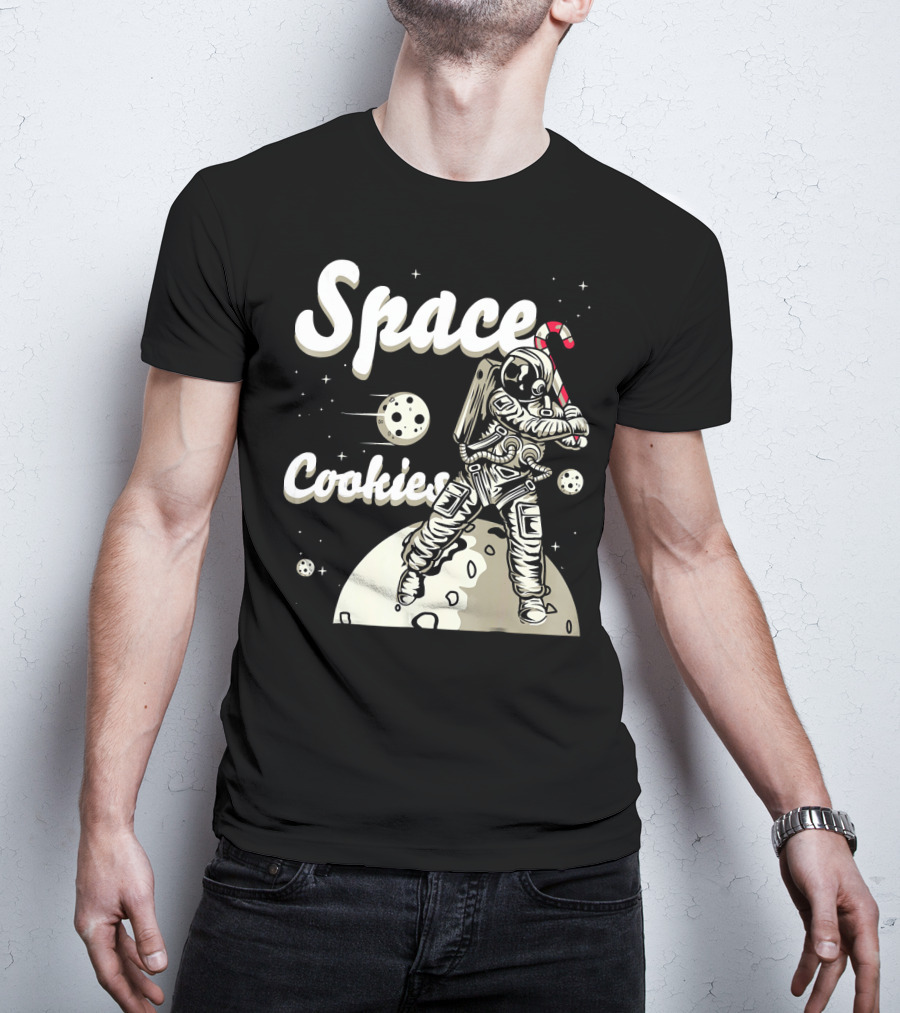 Space Cookies Xmas Weed Astronaut With Candy Cane On Moon T-Shirt