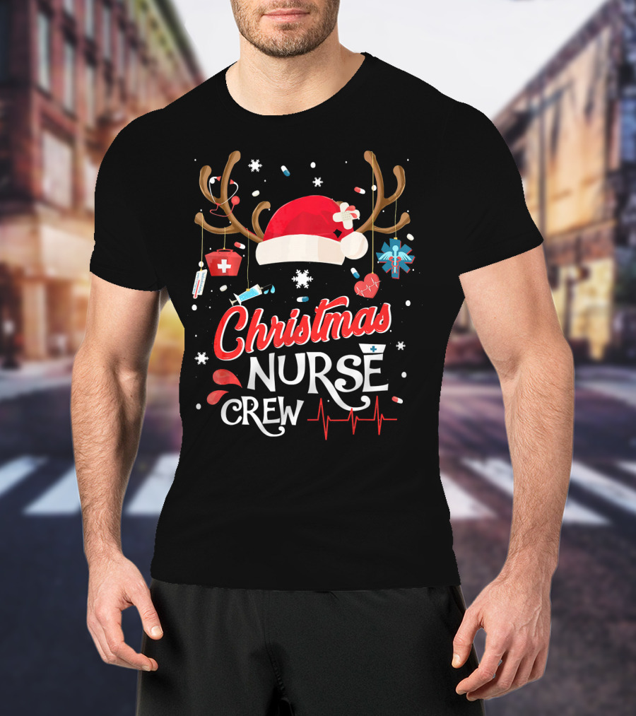 Christmas Nurse Crew Antlers Santa Hat Medical Elements T-Shirt
