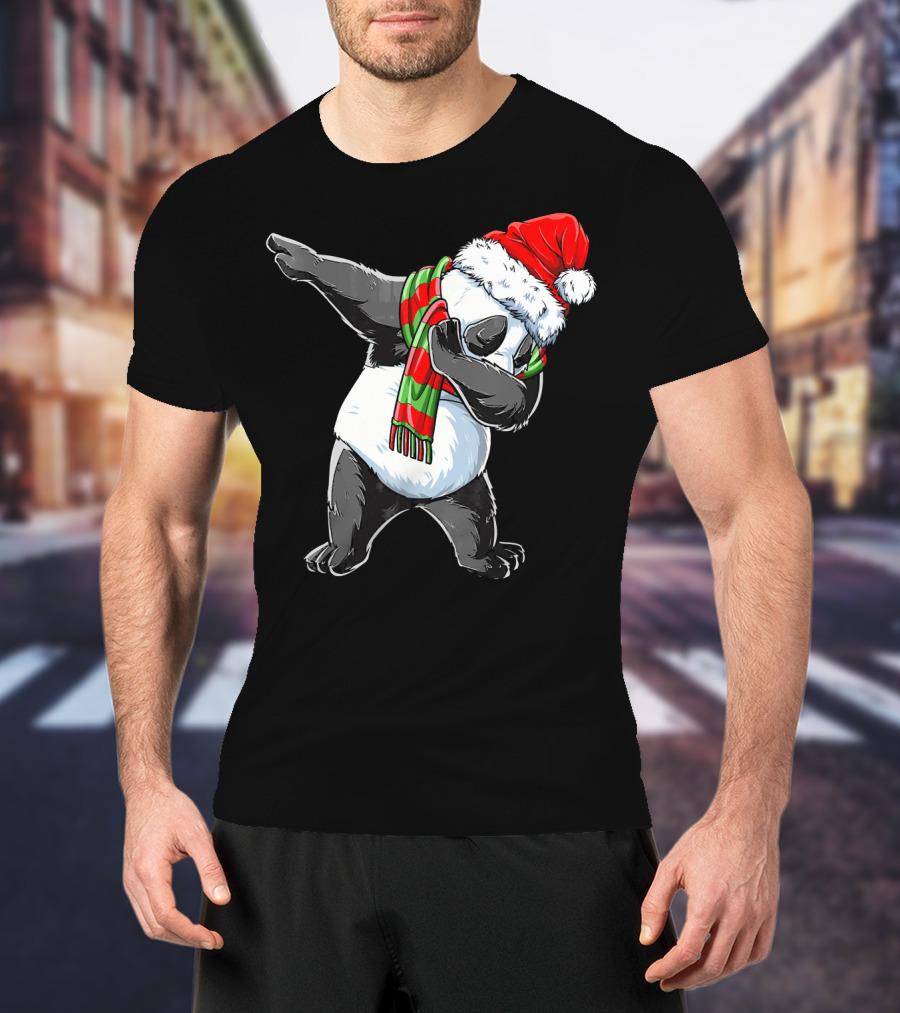 Panda Dabbing Santa Hat Red Green Scarf T-Shirt