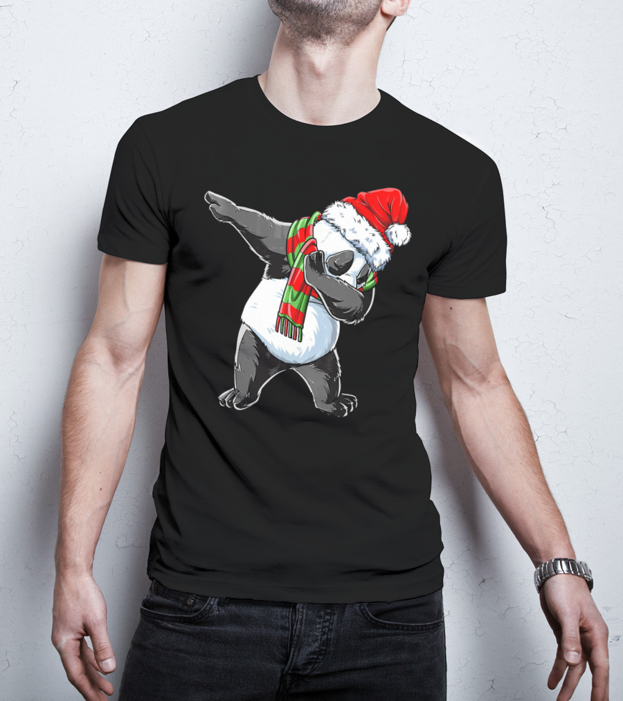 Panda Dabbing Santa Hat Red Green Scarf T-Shirt