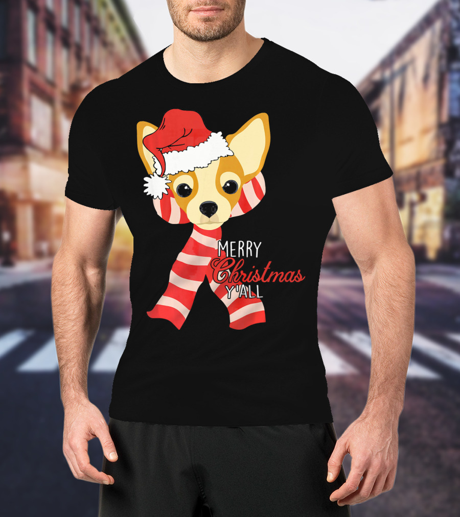Merry Christmas Y'all Chihuahua Dog With Santa Hat And Scarf T-Shirt