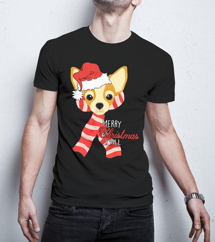Merry Christmas Y'all Chihuahua Dog With Santa Hat And Scarf T-Shirt