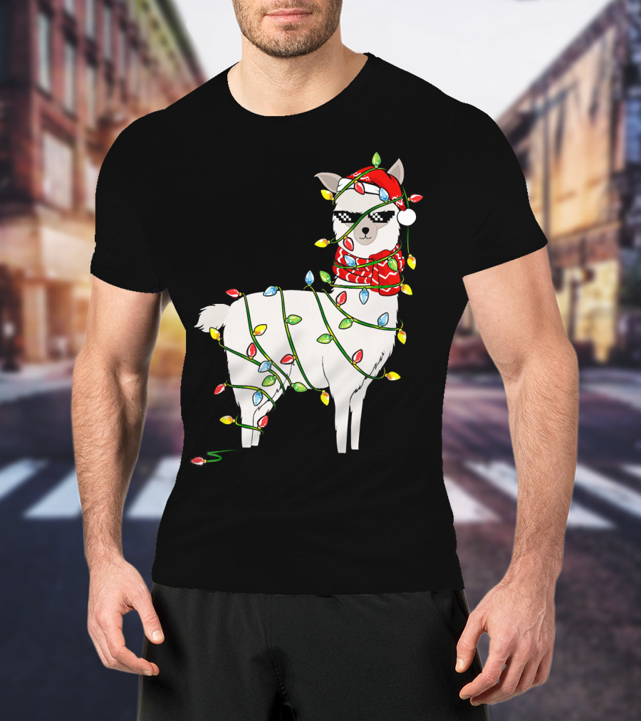 Llama Wrapped In Christmas Lights Wearing Santa Hat And Scarf T-Shirt