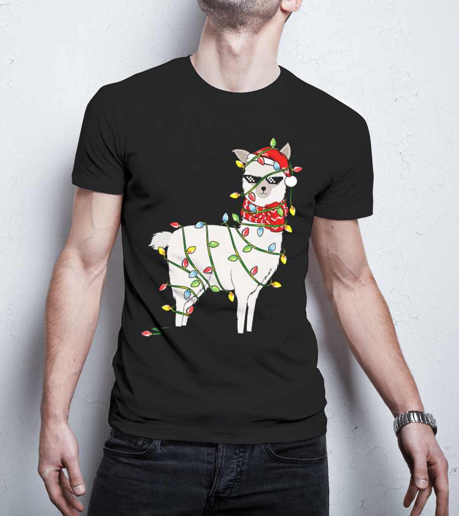 Llama Wrapped In Christmas Lights Wearing Santa Hat And Scarf T-Shirt