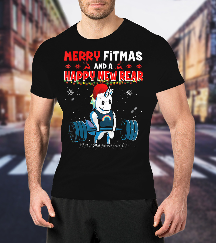 Merry Fitmas And A Happy New Rear Unicorn Weightlifting Santa Hat Snowflakes T-Shirt