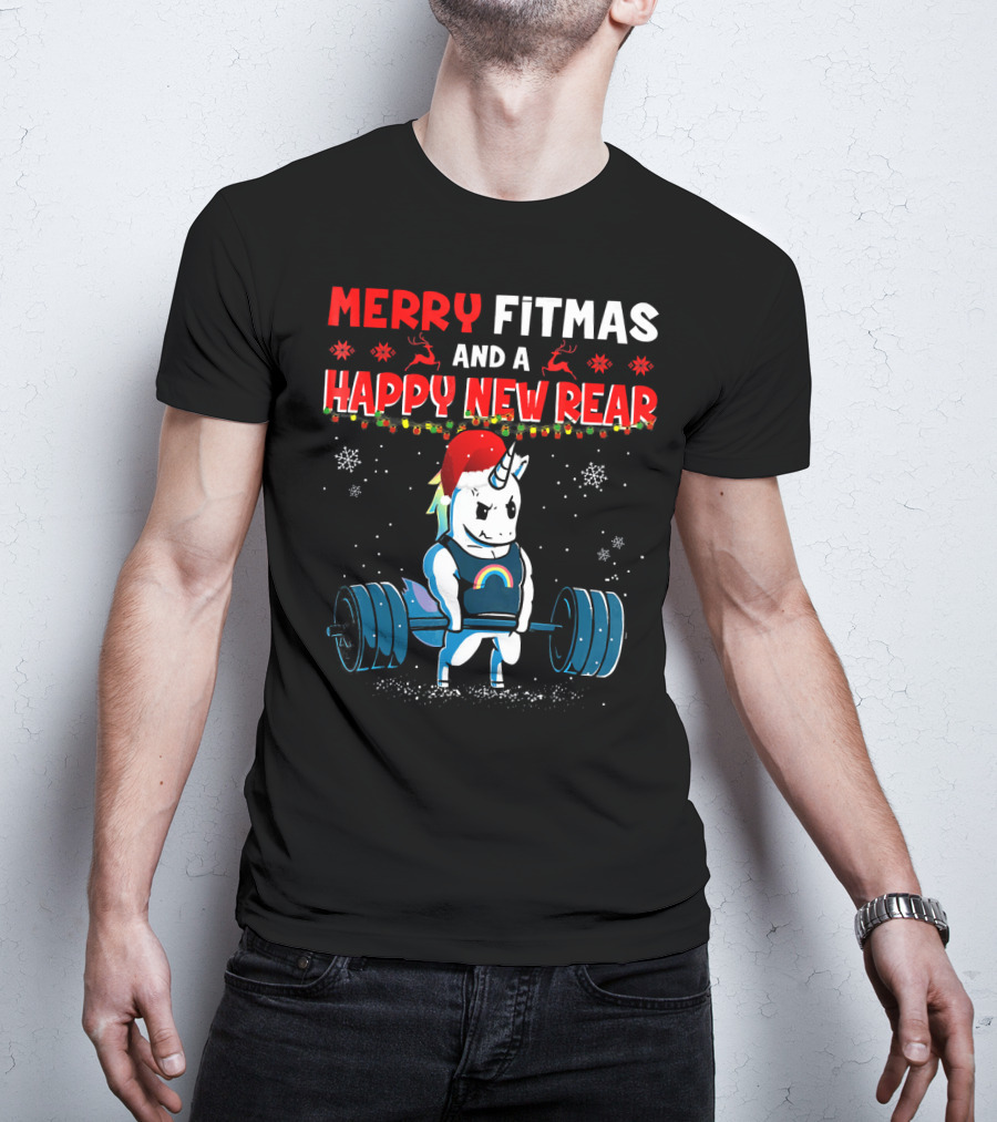 Merry Fitmas And A Happy New Rear Unicorn Weightlifting Santa Hat Snowflakes T-Shirt