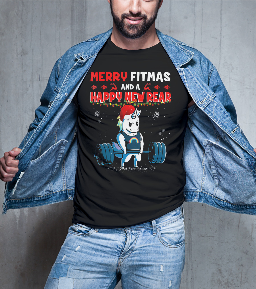Merry Fitmas And A Happy New Rear Unicorn Weightlifting Santa Hat Snowflakes T-Shirt