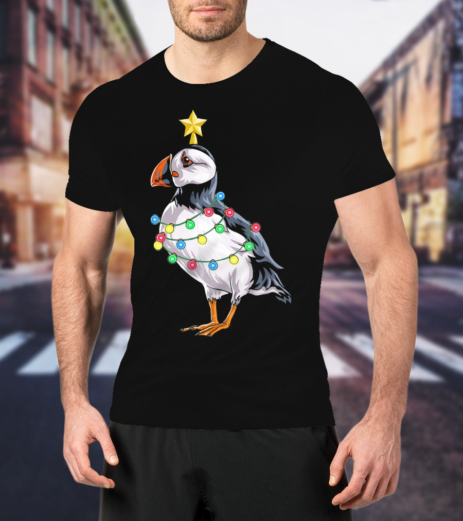 Puffin Bird Wrapped In Christmas Lights With Star T-Shirt