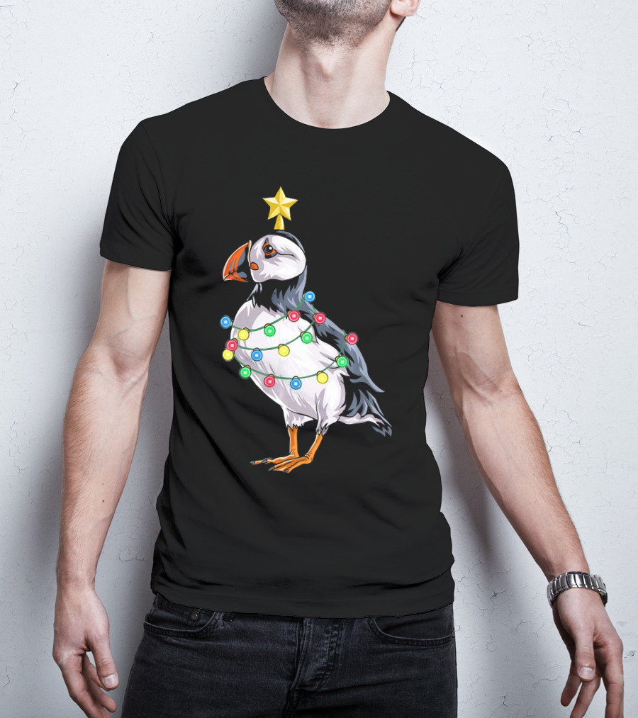 Puffin Bird Wrapped In Christmas Lights With Star T-Shirt