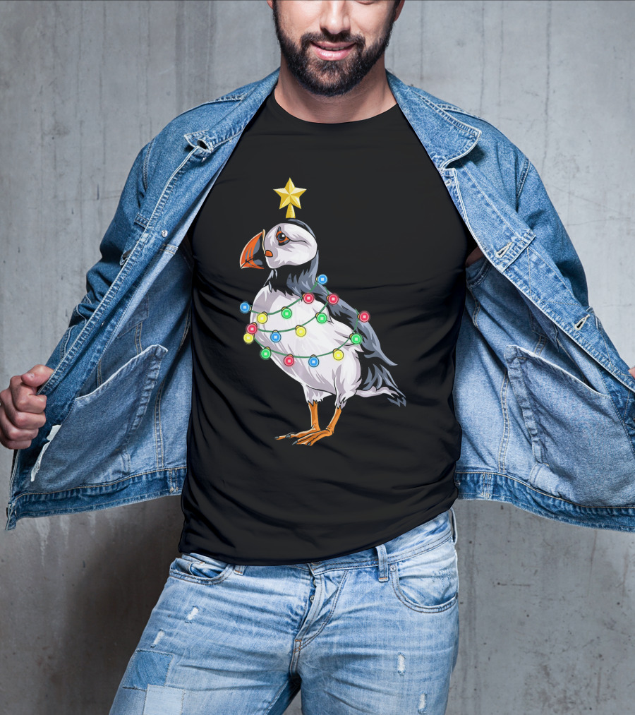 Puffin Bird Wrapped In Christmas Lights With Star T-Shirt