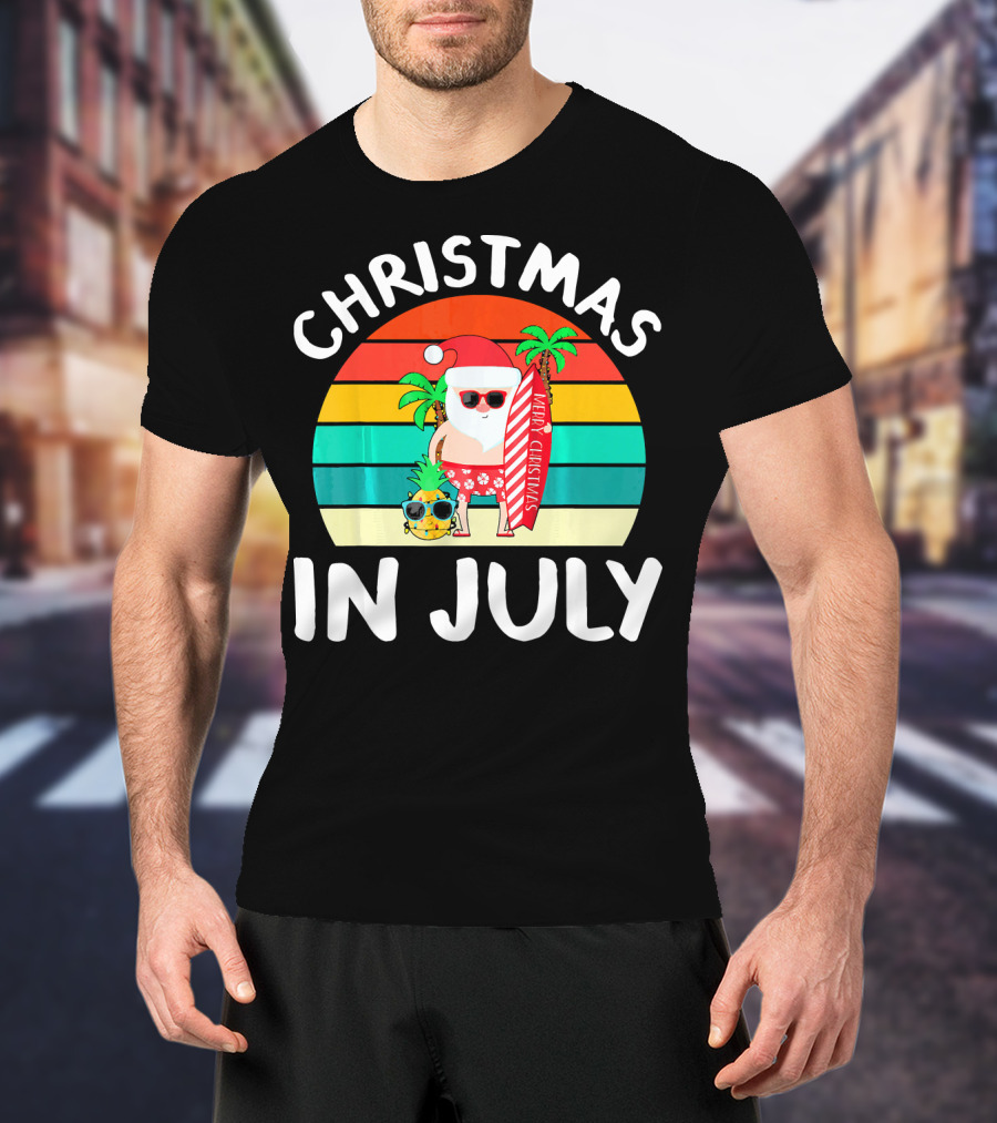 Christmas In July Vintage Santa Tropical Surfboard Merry Christmas T-Shirt
