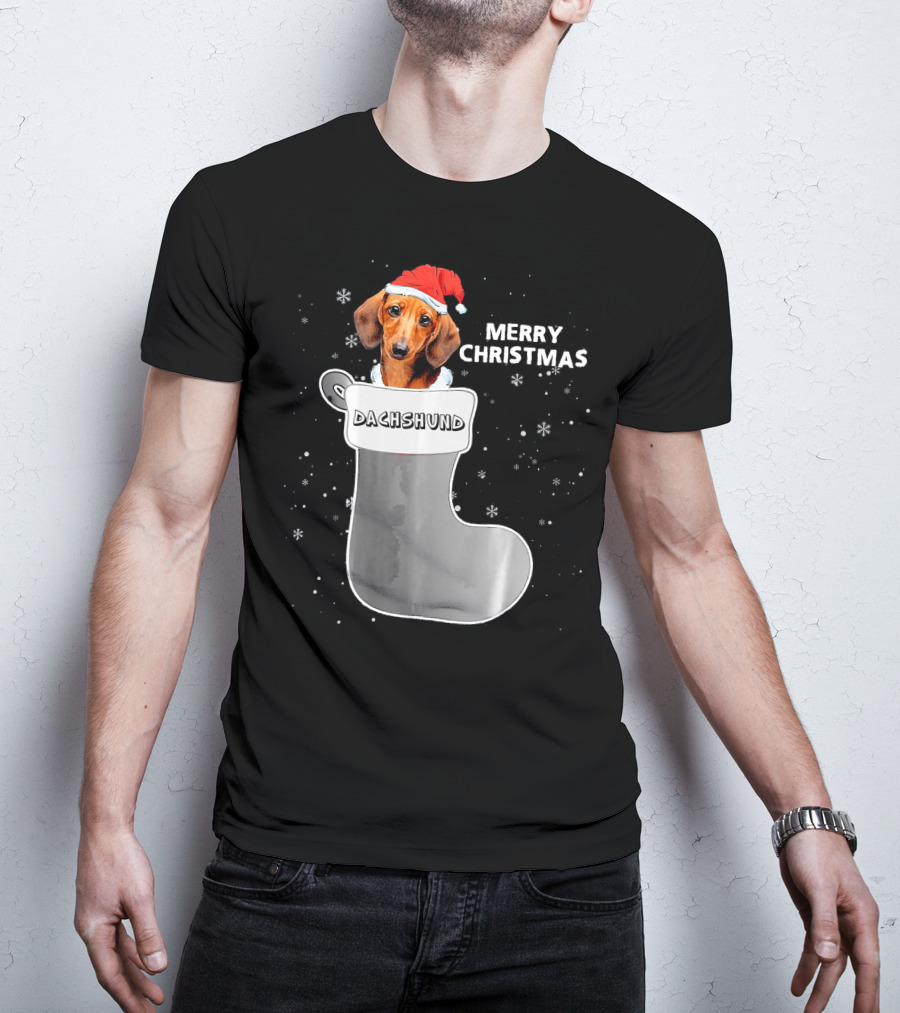 Dachshund Merry Christmas Sock Santa Hat T-Shirt