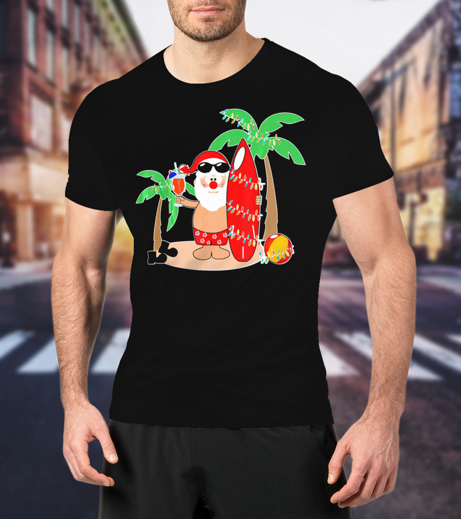 Santa Claus Surfing Hawaiian Summer Palm Trees And Lights T-Shirt