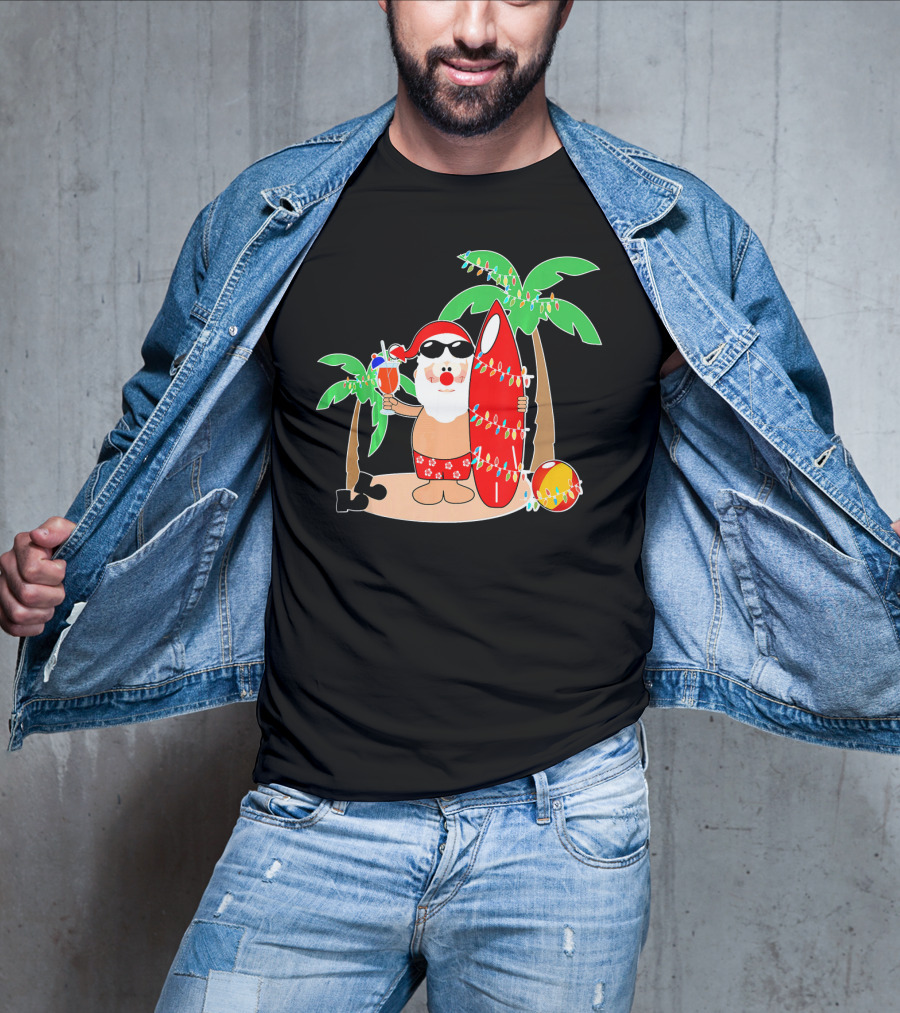 Santa Claus Surfing Hawaiian Summer Palm Trees And Lights T-Shirt