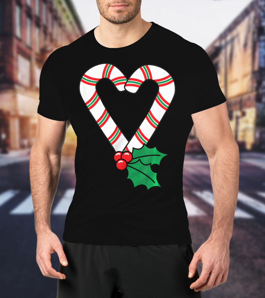 Christmas Candy Cane Heart Holly Berry T-Shirt