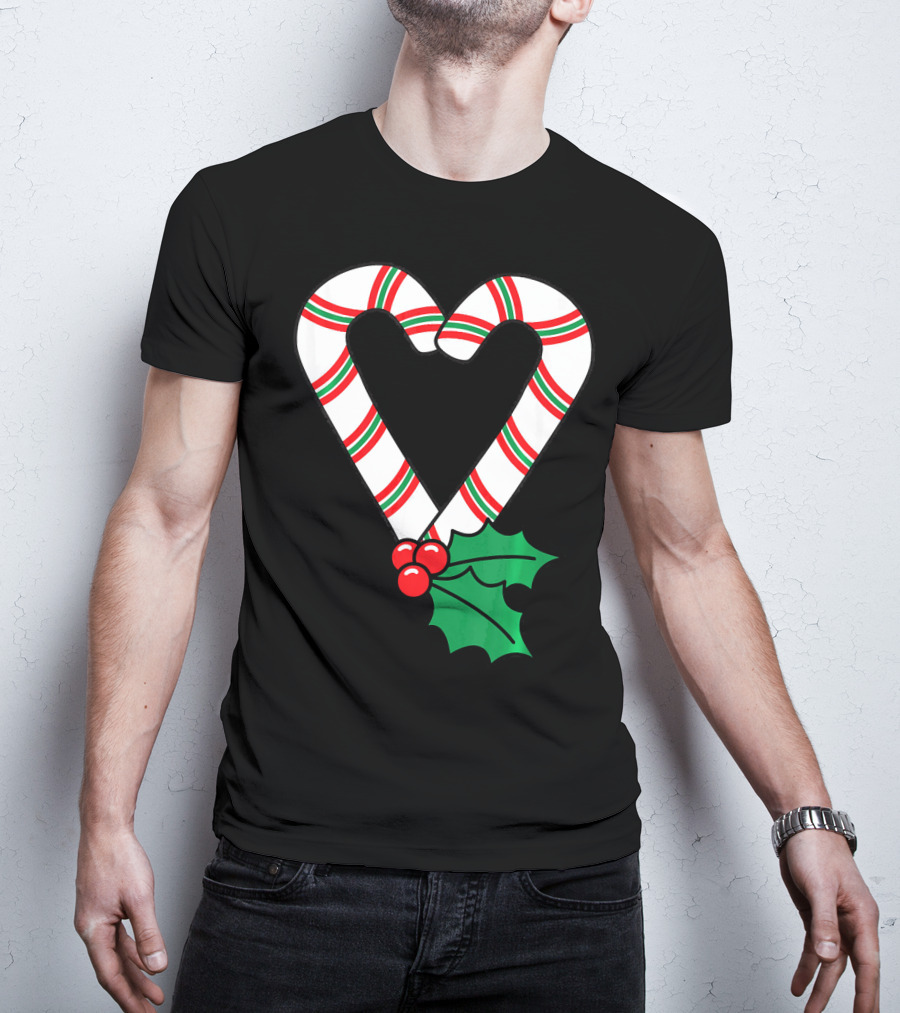 Christmas Candy Cane Heart Holly Berry T-Shirt
