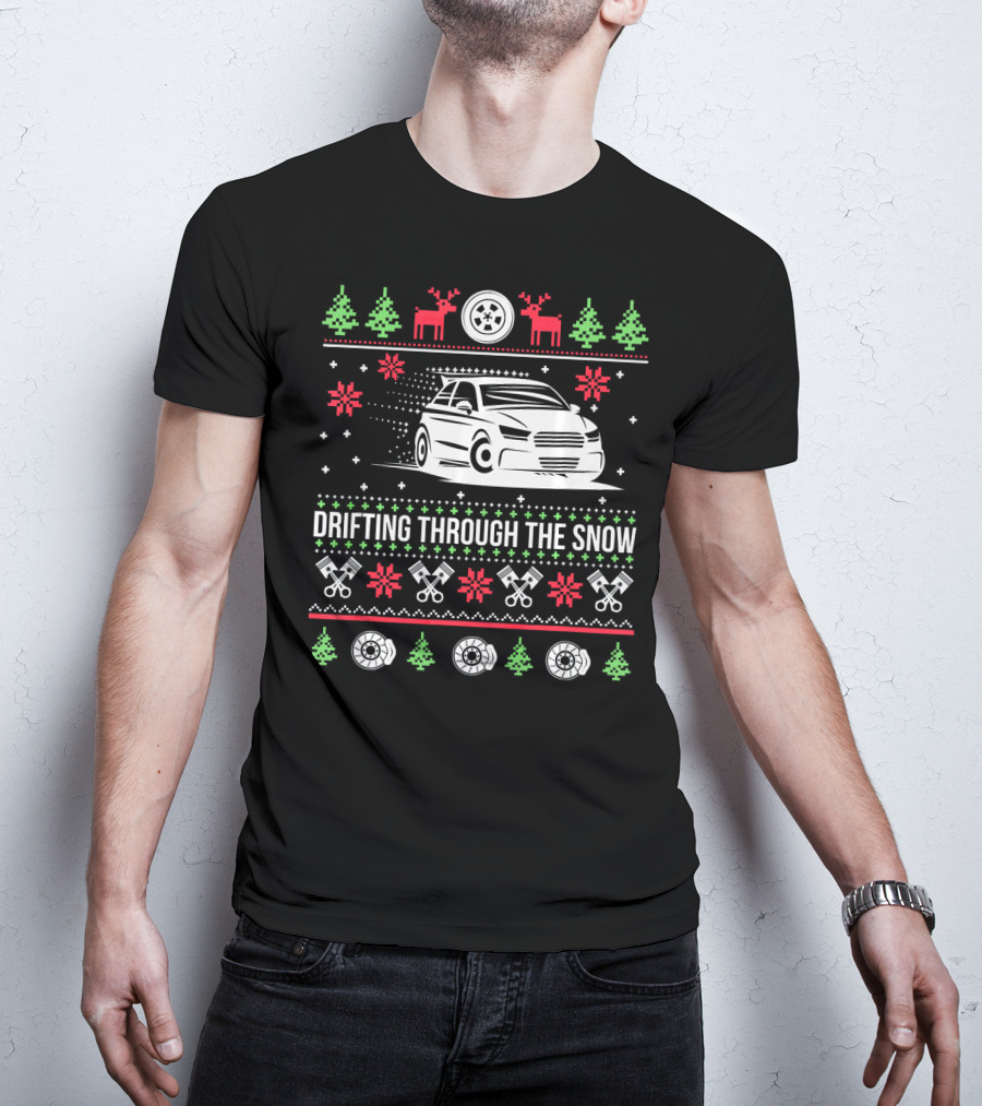 Drifting Through The Snow Christmas Car With Reindeer And Snowflakes T-Shirt