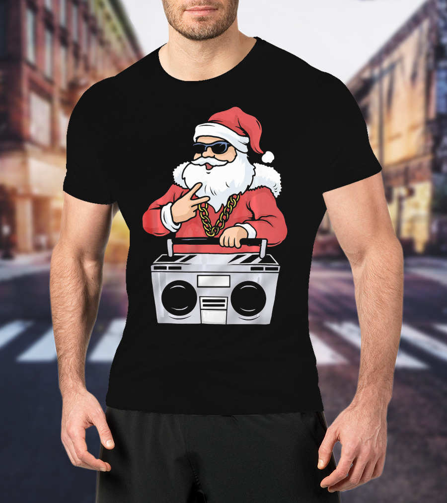 Santa Claus Rapper Style With Boombox And Bling T-Shirt