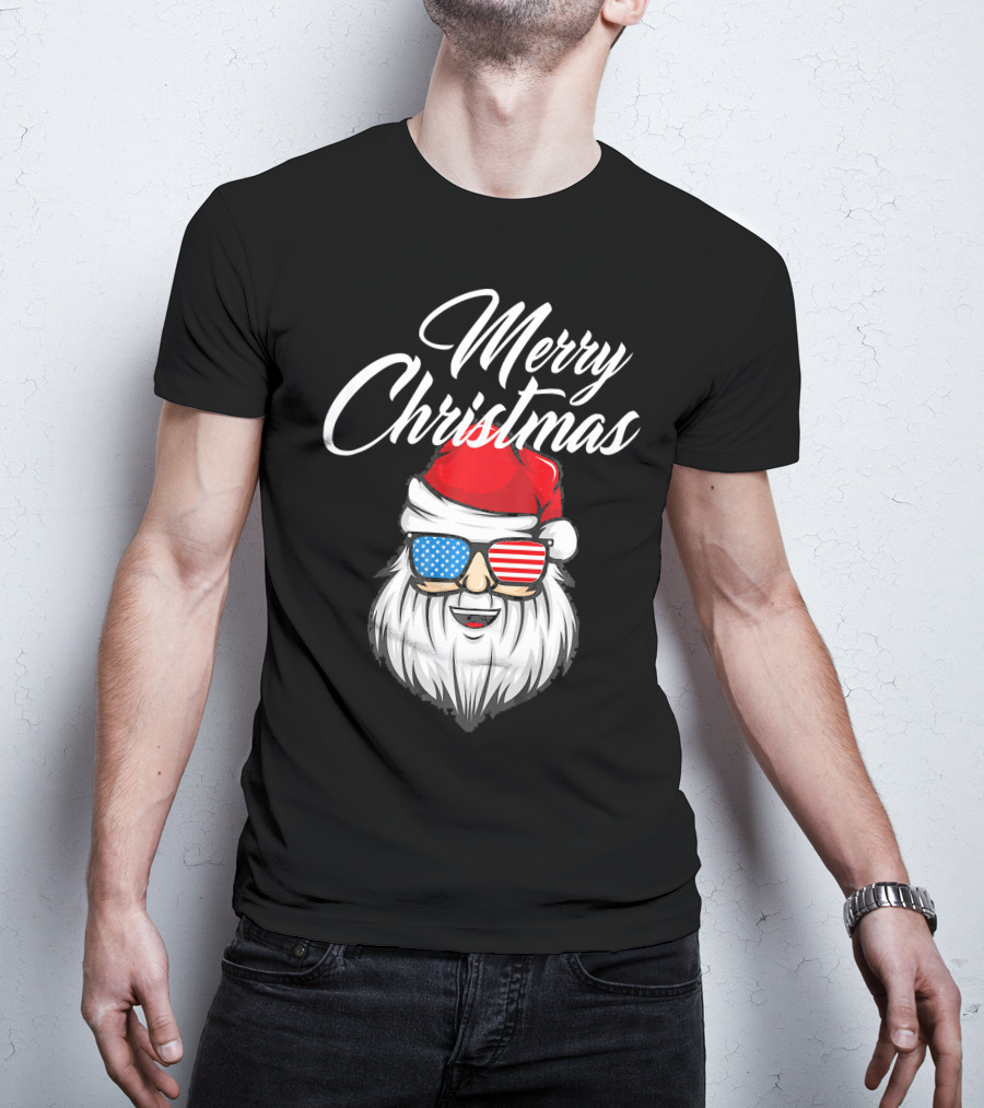 Merry Christmas Santa Claus Patriotic US Flag Sunglasses T-Shirt