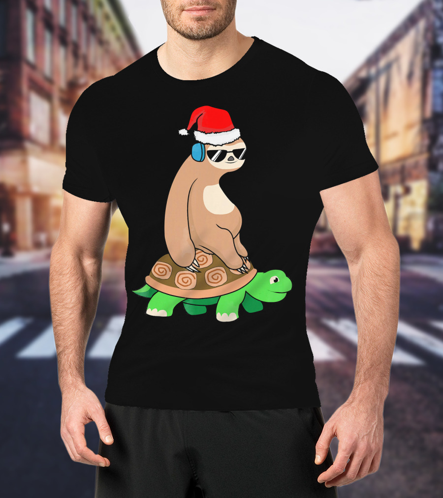 Xmas Sloth Riding Turtle Lazy Sloth Santa Hat Sunglasses T-Shirt