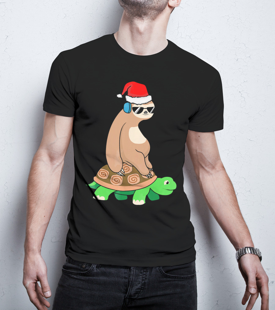 Xmas Sloth Riding Turtle Lazy Sloth Santa Hat Sunglasses T-Shirt