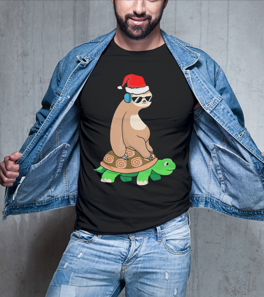 Xmas Sloth Riding Turtle Lazy Sloth Santa Hat Sunglasses T-Shirt