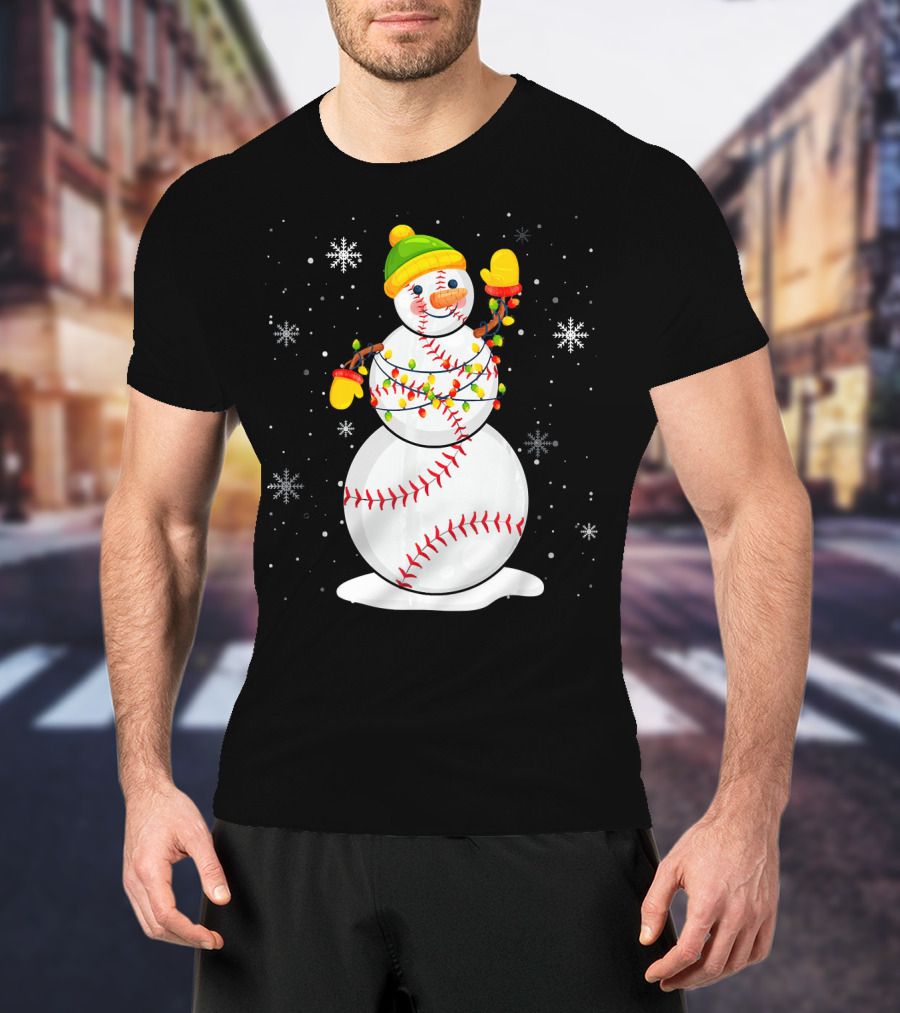 Christmas Snowman With Baseball Stitching And Santa Hat T-Shirt