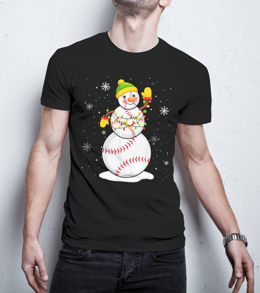 Christmas Snowman With Baseball Stitching And Santa Hat T-Shirt