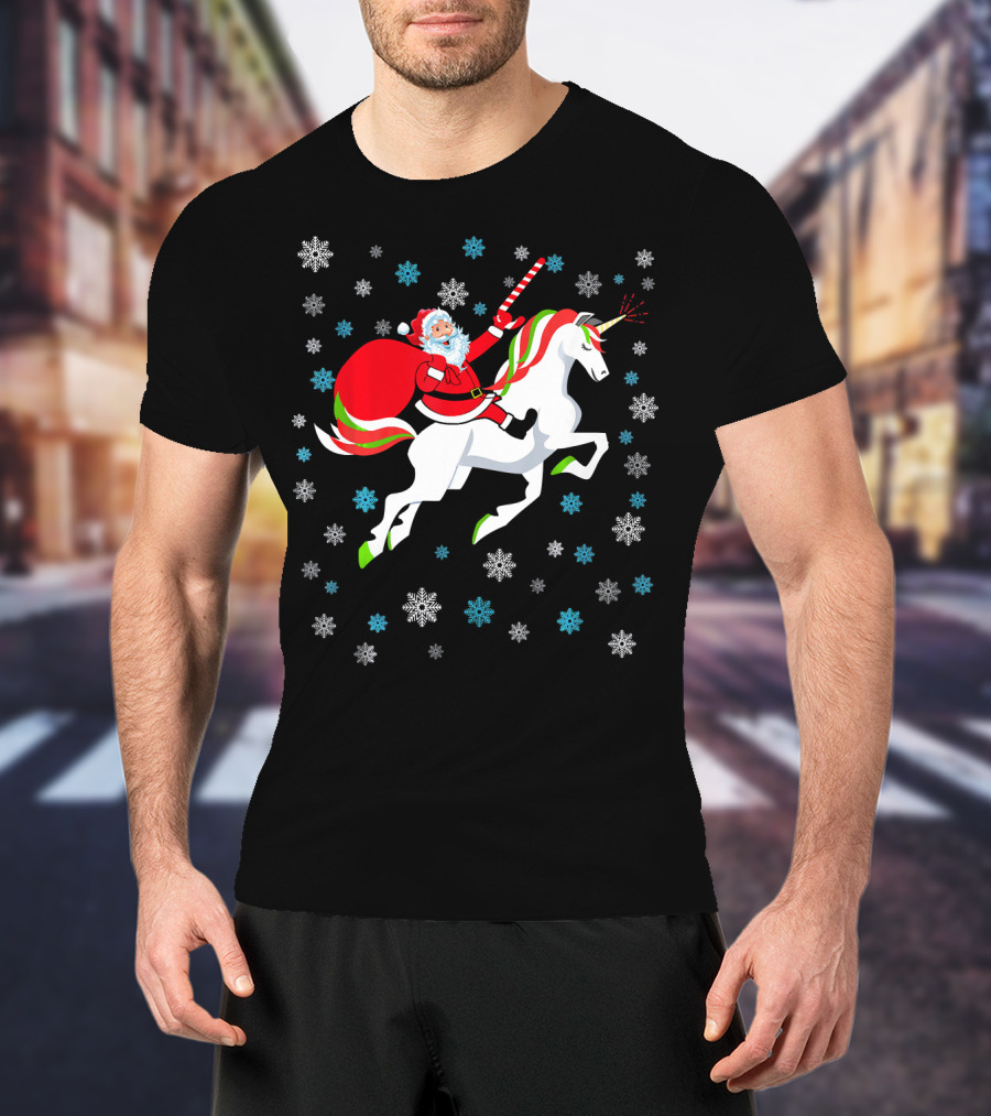 Christmas Unicorn Santa Riding Through Snowflakes T-Shirt