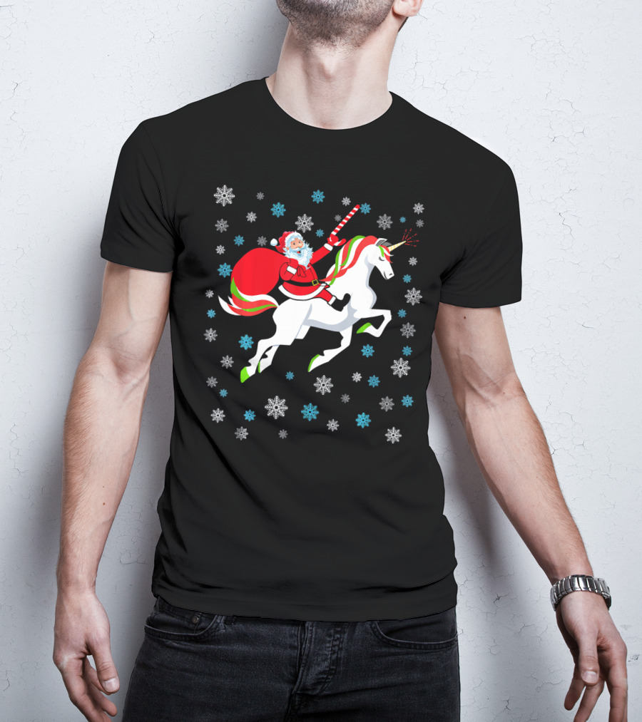 Christmas Unicorn Santa Riding Through Snowflakes T-Shirt