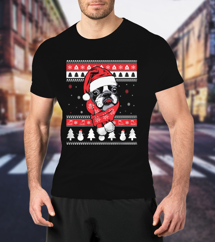 Funny Boston Terrier Christmas Santa Sweater Festive Dog T-Shirt