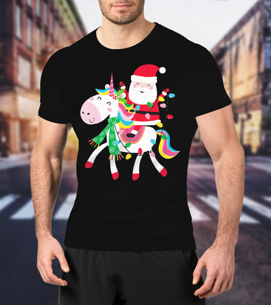 Santa Claus Riding Unicorn With Christmas Lights And Scarf T-Shirt