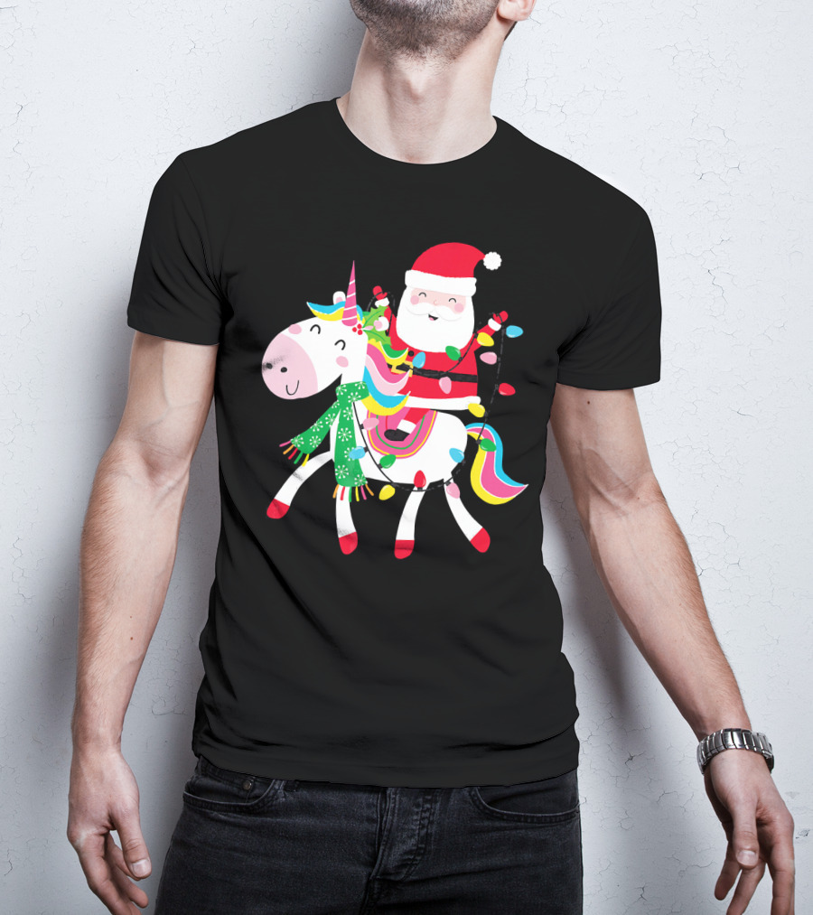Santa Claus Riding Unicorn With Christmas Lights And Scarf T-Shirt
