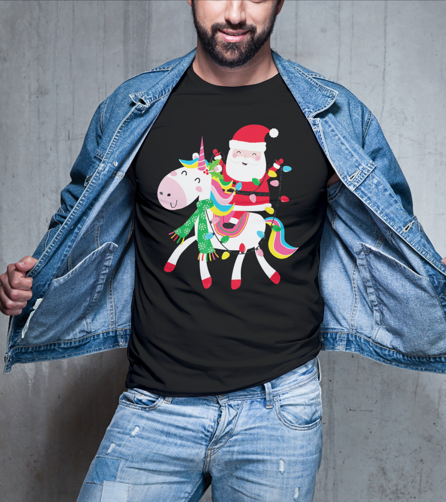 Santa Claus Riding Unicorn With Christmas Lights And Scarf T-Shirt